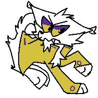 binary style wolf-cat coloured white with hints of yellow and purple and jacket with indications of the intersex flag